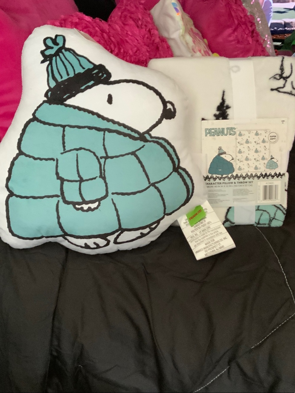 Peanuts Teal & White Snoopy Cozy Character Pillow and Throw Set